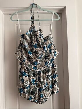 Loft Floral Halter One-Piece Romper - Cream, Blue & Green
